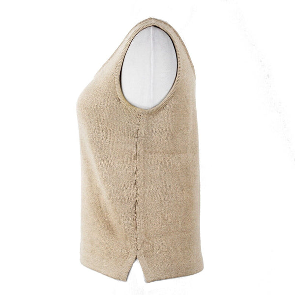 St John Sz P Tan Side Slits Double Scoop Pullover Santana Knit Top