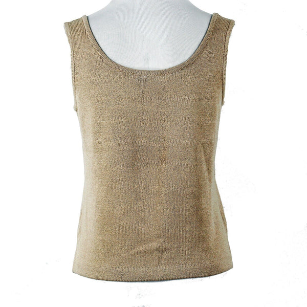 St John Sz P Tan Side Slits Double Scoop Pullover Santana Knit Top