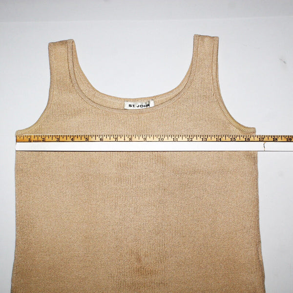 St John Sz P Tan Side Slits Double Scoop Pullover Santana Knit Top