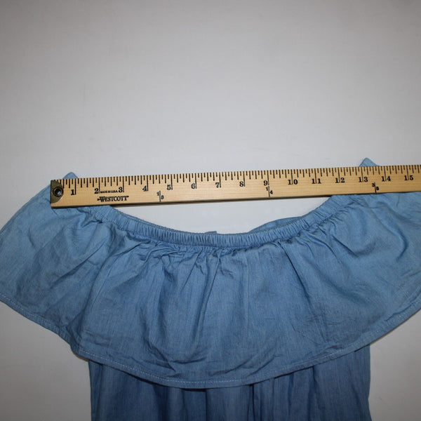 Love Fire NEW Sz S Blue Denim Off Shoulders Ruffled 100% Cotton Mini Dress