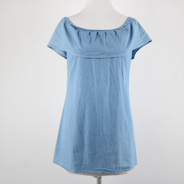 Love Fire NEW Sz S Blue Denim Off Shoulders Ruffled 100% Cotton Mini Dress