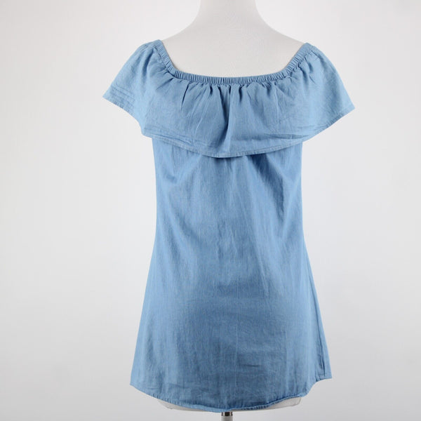 Love Fire NEW Sz S Blue Denim Off Shoulders Ruffled 100% Cotton Mini Dress