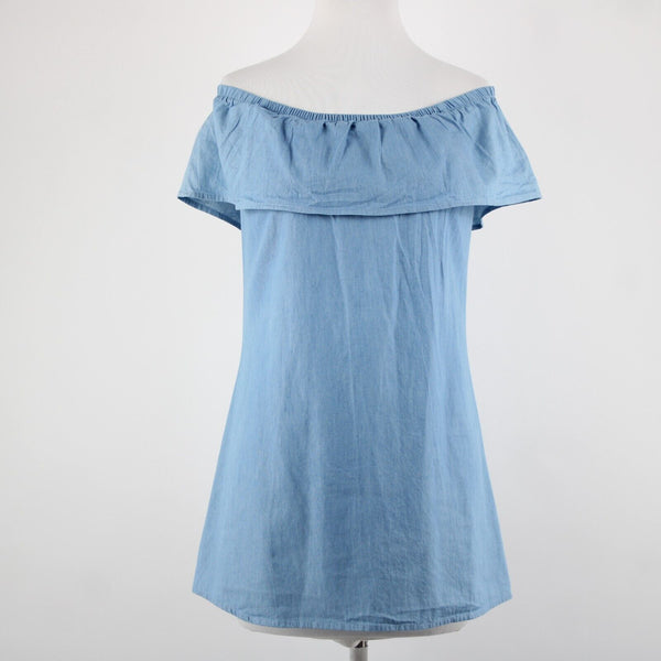 Love Fire NEW Sz S Blue Denim Off Shoulders Ruffled 100% Cotton Mini Dress