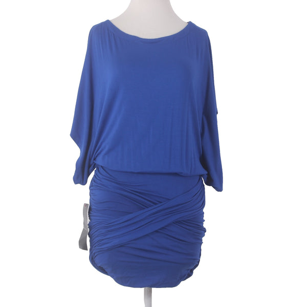 Bebe Dress NEW $109 Sz S Royal Blue Flutter Sleeve Ruching Short Rayon Spandex
