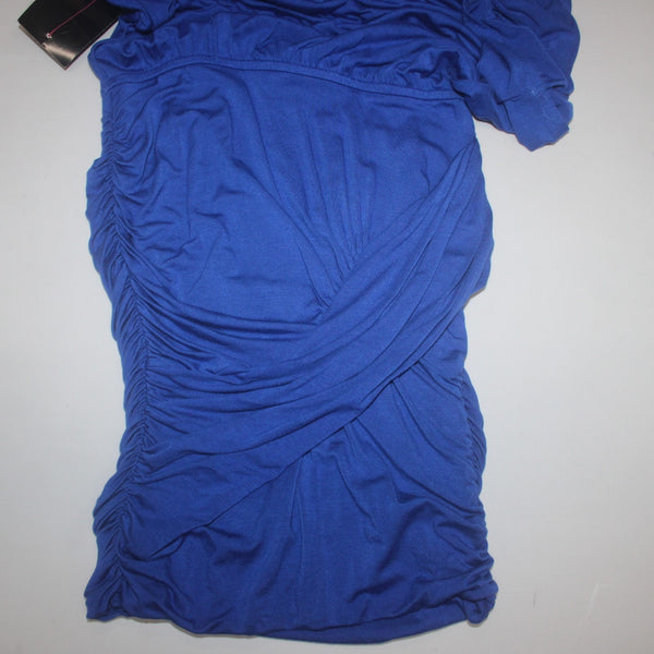 Bebe Dress NEW $109 Sz S Royal Blue Flutter Sleeve Ruching Short Rayon Spandex