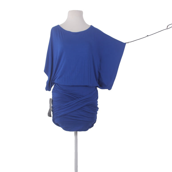 Bebe Dress NEW $109 Sz S Royal Blue Flutter Sleeve Ruching Short Rayon Spandex