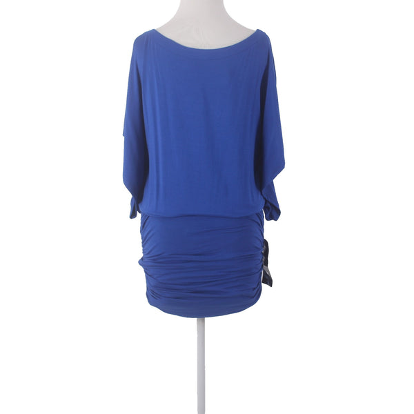 Bebe Dress NEW $109 Sz S Royal Blue Flutter Sleeve Ruching Short Rayon Spandex