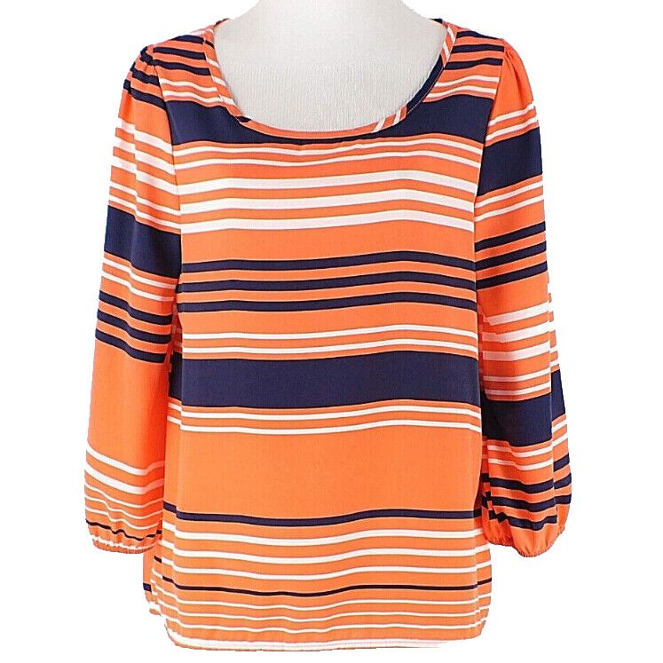 Birdcage Sz S Orange Navy White Stripe Polyester 3/4 Sleeve Top