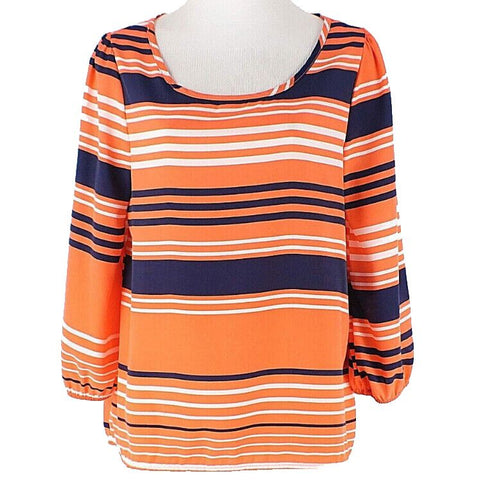 Birdcage Sz S Orange Navy White Stripe Polyester 3/4 Sleeve Top