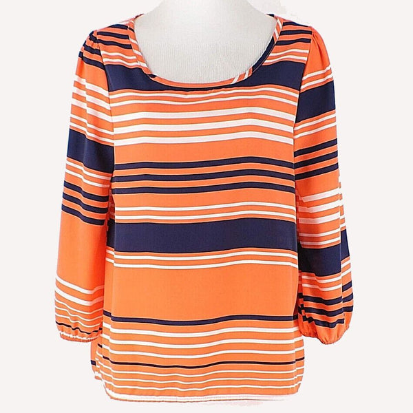 Birdcage Sz S Orange Navy White Stripe Polyester 3/4 Sleeve Top