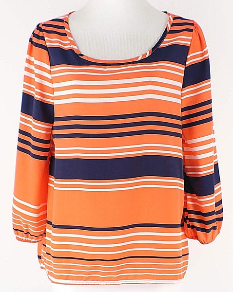 Birdcage Sz S Orange Navy White Stripe Polyester 3/4 Sleeve Top