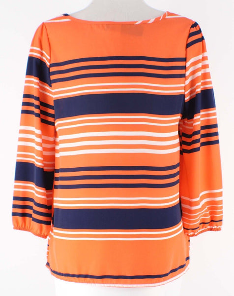 Birdcage Sz S Orange Navy White Stripe Polyester 3/4 Sleeve Top
