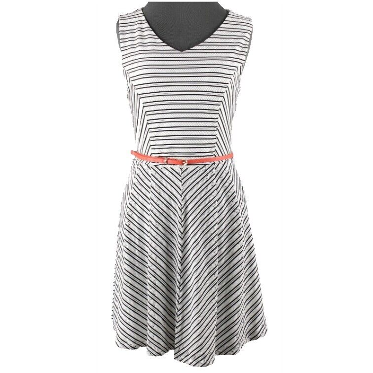 Trixxi NEW $69 Sz L White Black Striped Coral Belt Lined Poly Blend Dress