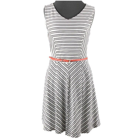 Trixxi NEW $69 Sz L White Black Striped Coral Belt Lined Poly Blend Dress