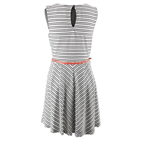 Trixxi NEW $69 Sz L White Black Striped Coral Belt Lined Poly Blend Dress