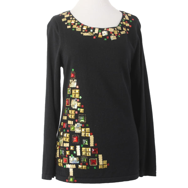 Jack B Quick Top Sz M Black Multi Colored Beading Christmas Tree Ramie Cotton