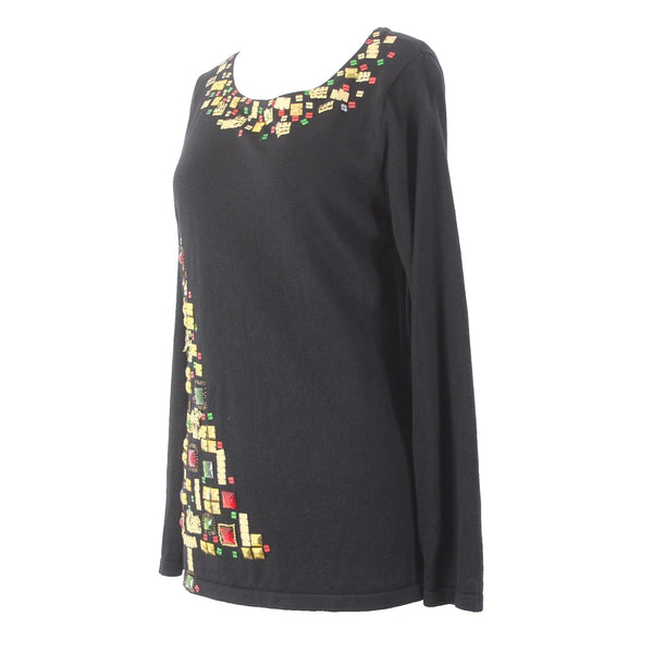 Jack B Quick Top Sz M Black Multi Colored Beading Christmas Tree Ramie Cotton