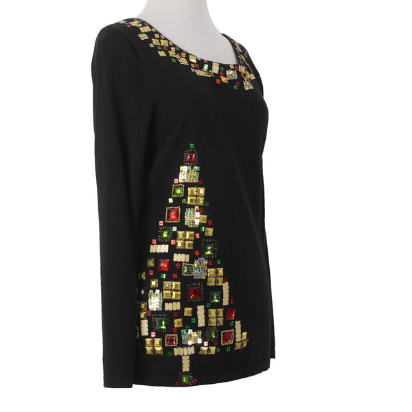 Jack B Quick Top Sz M Black Multi Colored Beading Christmas Tree Ramie Cotton