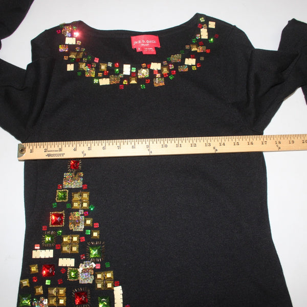 Jack B Quick Top Sz M Black Multi Colored Beading Christmas Tree Ramie Cotton