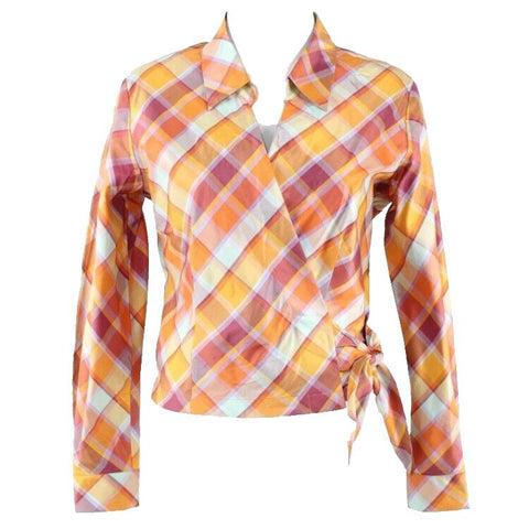 Coldwater Creek Sz XSP Orange Burgundy Aqua Multi True Wrap 100% Silk Top