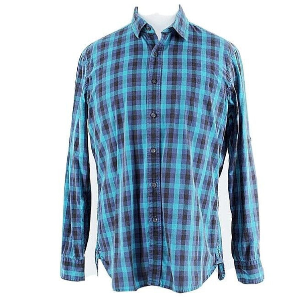 Apt. 9 Sz M Teal Black Multi Plaid LS 100% Cotton Men's Button Down Shirt