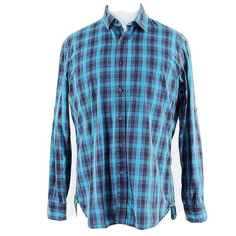 Apt. 9 Sz M Teal Black Multi Plaid LS 100% Cotton Men's Button Down Shirt