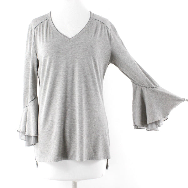 C Oliver Sz M Gray Slit Flutter Ruffled Sleeve V Neck Viscose Blend Knit Top