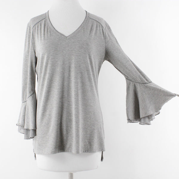 C Oliver Sz M Gray Slit Flutter Ruffled Sleeve V Neck Viscose Blend Knit Top