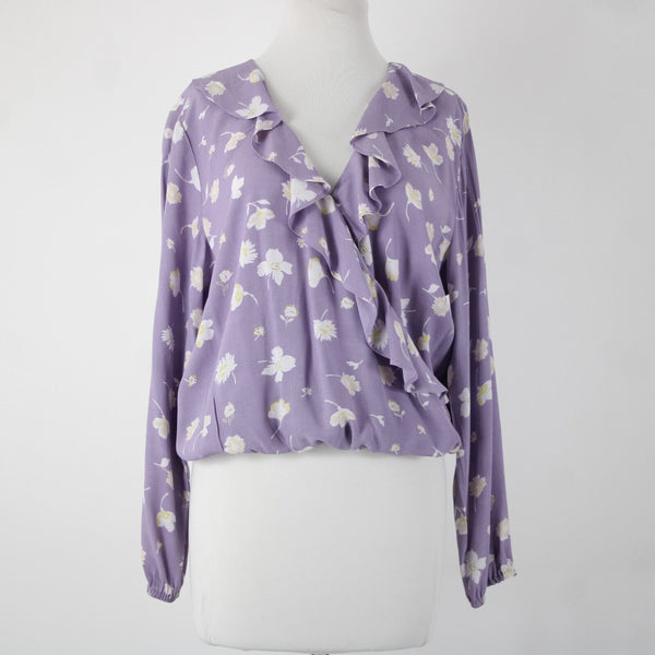 Sanctuary NEW $89 Hello Spring Sz L Purple White Yellow Ruffle 100% Rayon Top