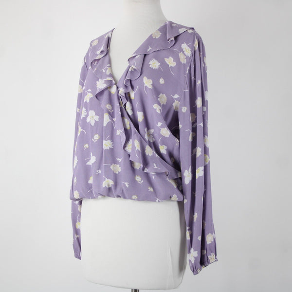Sanctuary NEW $89 Hello Spring Sz L Purple White Yellow Ruffle 100% Rayon Top