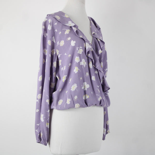 Sanctuary NEW $89 Hello Spring Sz L Purple White Yellow Ruffle 100% Rayon Top