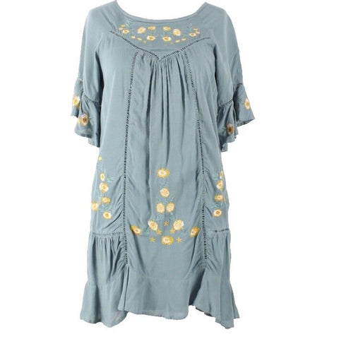 Blue Rain Sz XXS Moss Green White Gold Embroidered Ruffle 100% Rayon Dress