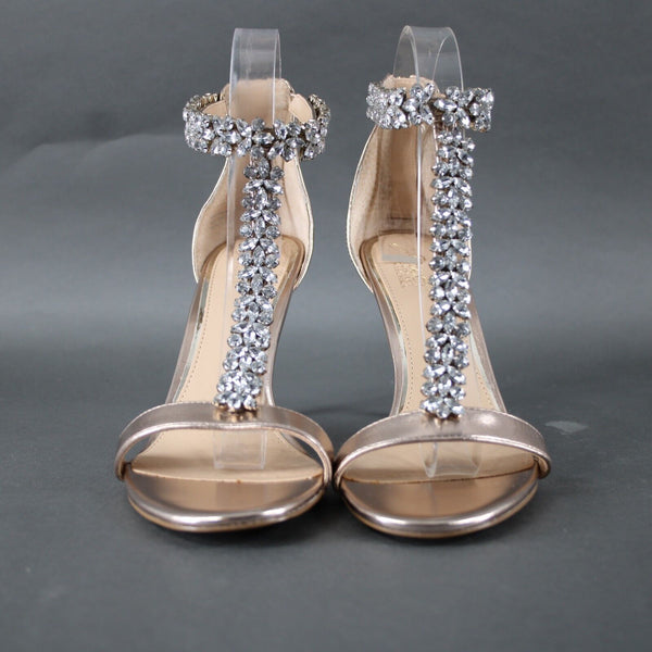 Badgley Mischka Jewel Sz 8.5 Rose Gold Silver Rhinestones Man Made 3.5" Heel