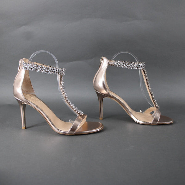 Badgley Mischka Jewel Sz 8.5 Rose Gold Silver Rhinestones Man Made 3.5" Heel