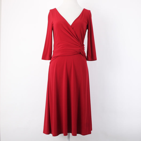 Joseph Ribkoff Dress Sz 6 Red V Neck 3/4 Sleeve Fit Flare Faux Wrap Poly Dress