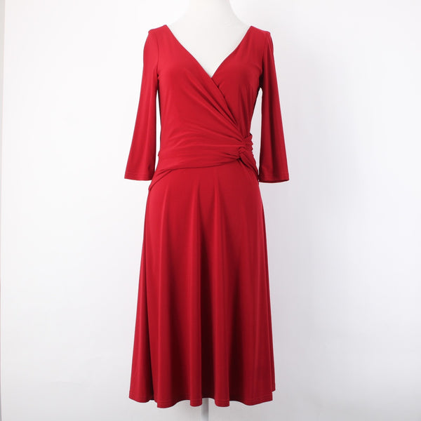 Joseph Ribkoff Dress Sz 6 Red V Neck 3/4 Sleeve Fit Flare Faux Wrap Poly Dress