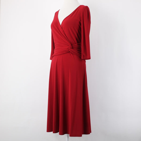 Joseph Ribkoff Dress Sz 6 Red V Neck 3/4 Sleeve Fit Flare Faux Wrap Poly Dress