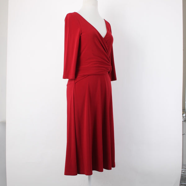 Joseph Ribkoff Dress Sz 6 Red V Neck 3/4 Sleeve Fit Flare Faux Wrap Poly Dress