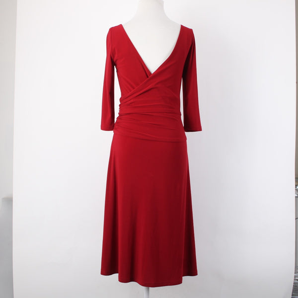 Joseph Ribkoff Dress Sz 6 Red V Neck 3/4 Sleeve Fit Flare Faux Wrap Poly Dress