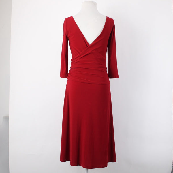 Joseph Ribkoff Dress Sz 6 Red V Neck 3/4 Sleeve Fit Flare Faux Wrap Poly Dress