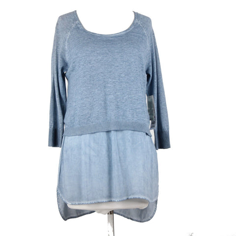 Tribal Jeans NEW $95 Sz S Blue Tye Dye Layered Round Neck Linen Cotton Top