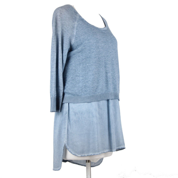 Tribal Jeans NEW $95 Sz S Blue Tye Dye Layered Round Neck Linen Cotton Top