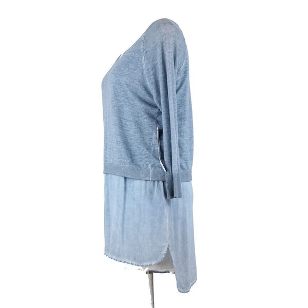 Tribal Jeans NEW $95 Sz S Blue Tye Dye Layered Round Neck Linen Cotton Top