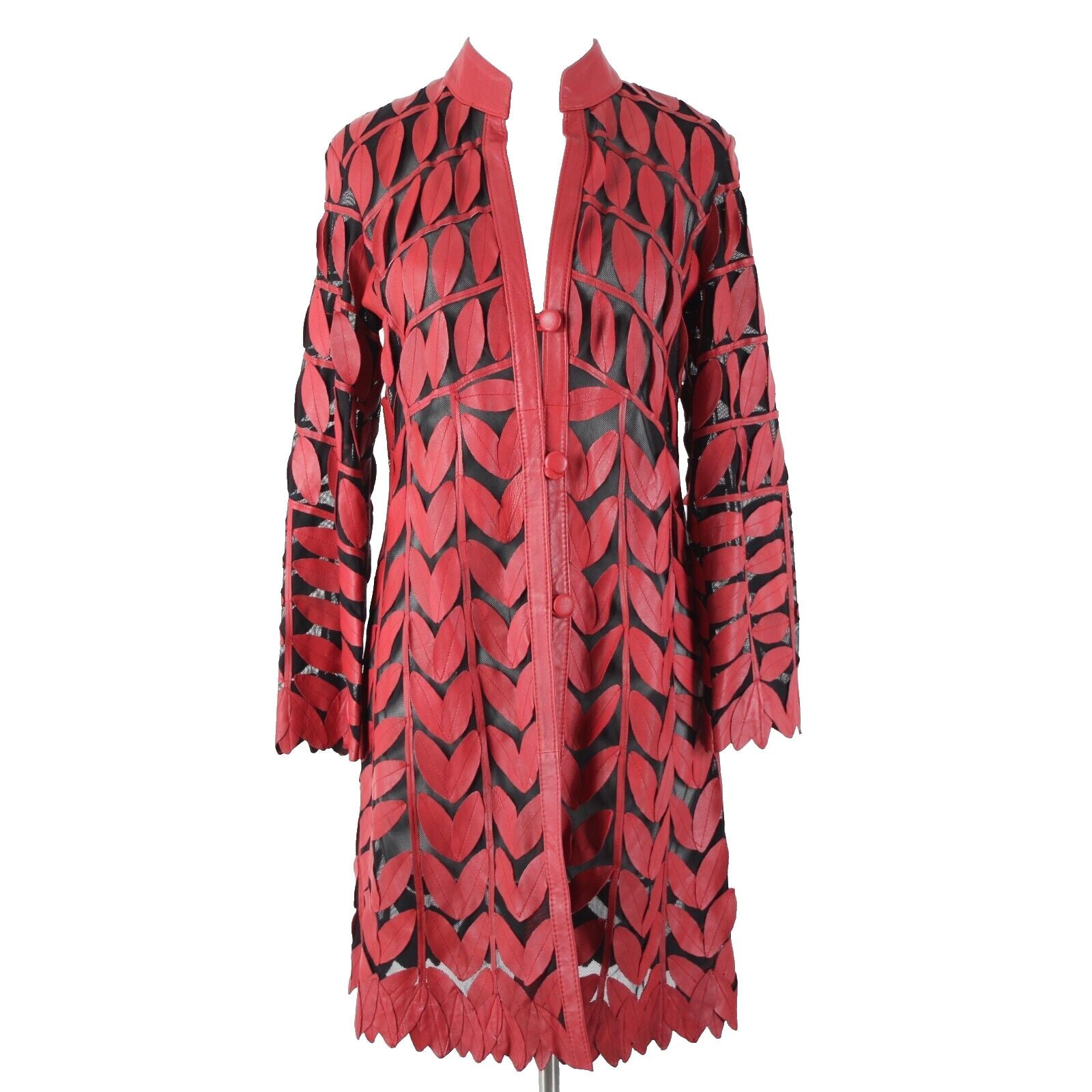 Stillman Studio Sz S Red Black Sheer Collared Leather Leaves Polyester Jacket