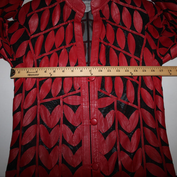Stillman Studio Sz S Red Black Sheer Collared Leather Leaves Polyester Jacket