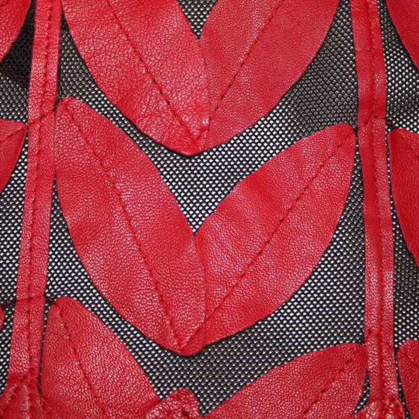 Stillman Studio Sz S Red Black Sheer Collared Leather Leaves Polyester Jacket