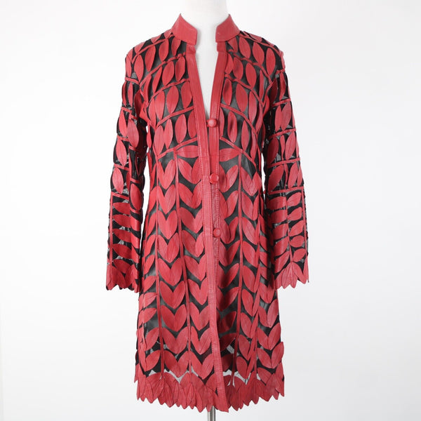 Stillman Studio Sz S Red Black Sheer Collared Leather Leaves Polyester Jacket