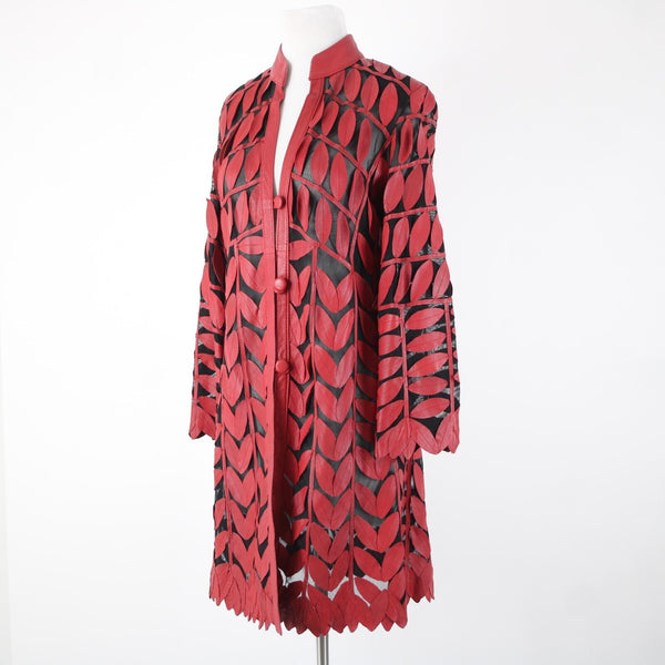 Stillman Studio Sz S Red Black Sheer Collared Leather Leaves Polyester Jacket