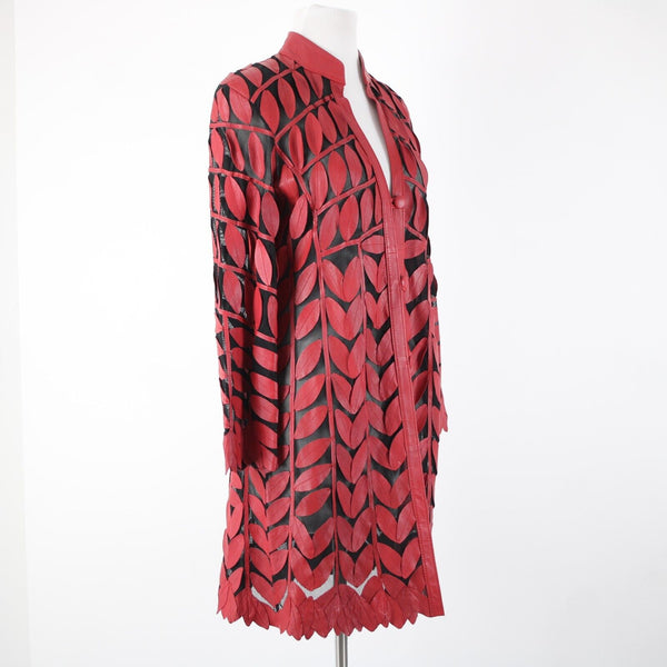 Stillman Studio Sz S Red Black Sheer Collared Leather Leaves Polyester Jacket