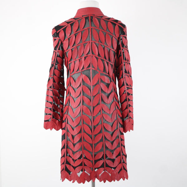 Stillman Studio Sz S Red Black Sheer Collared Leather Leaves Polyester Jacket
